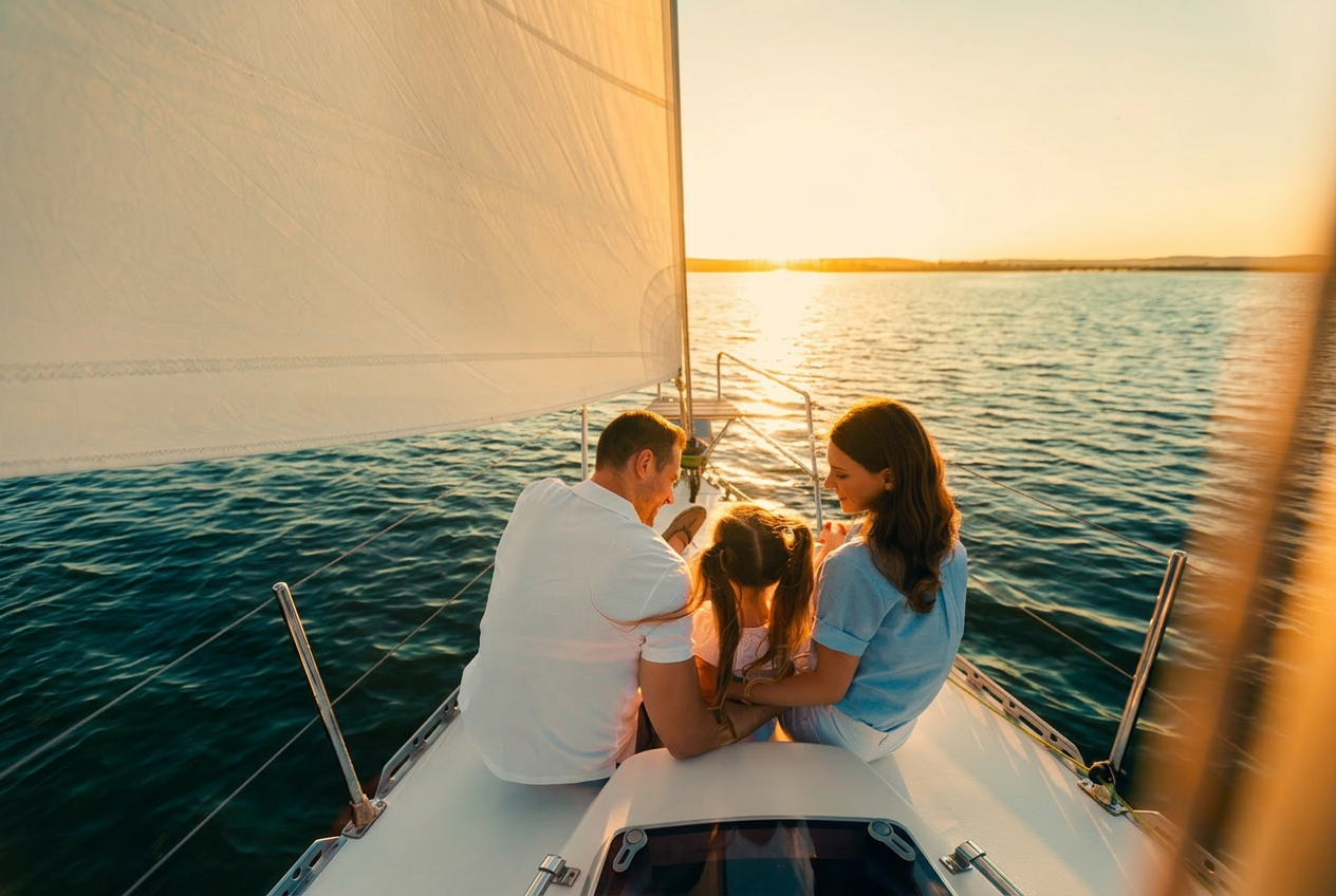 Family on bow at golden hour